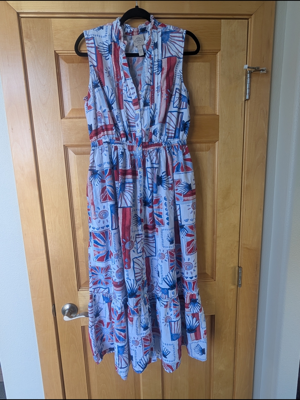 Sleeveless Printed Maxi Dress in Blue and Red